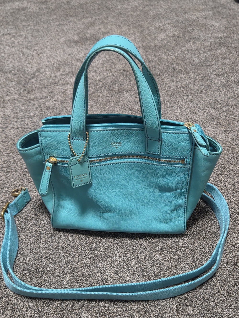 Fossil Tessa Turquoise Leather Satchel purse shoulder bag Removable Strap